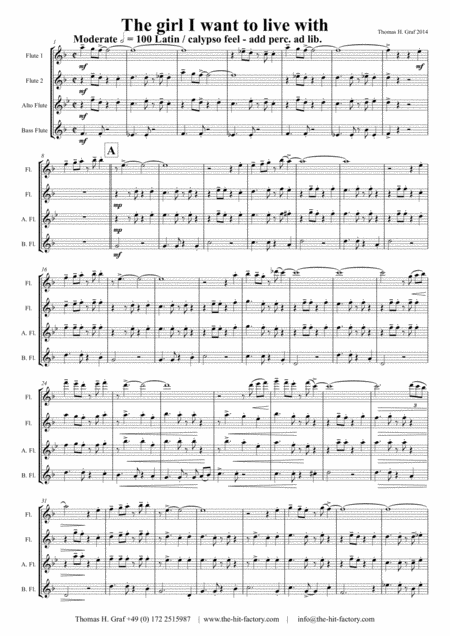 The Girl I Want To Live With Latin Calypso Flute Quartet Sheet Music