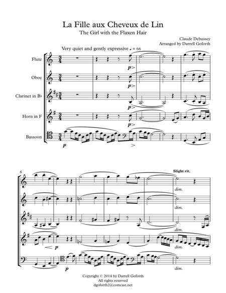 The Girl With The Flaxen Hair For Wind Quintet Sheet Music