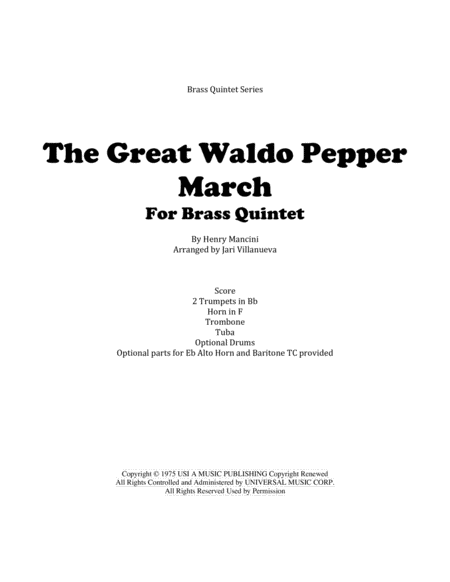 The Great Waldo Pepper March For Brass Quintet With Optional Drums Sheet Music