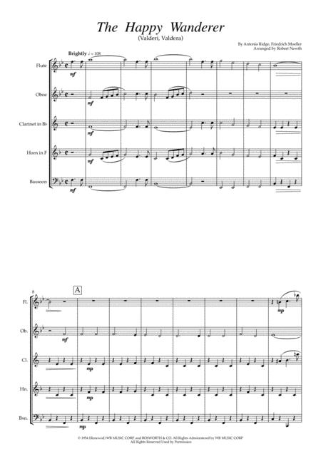 Free Sheet Music The Happy Wanderer Val Deri Val Dera For Wind Quintet