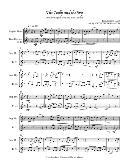 The Holly And The Ivy Duet For English Horn And Bass Clarinet 2018 Holiday Contest Entry Sheet Music