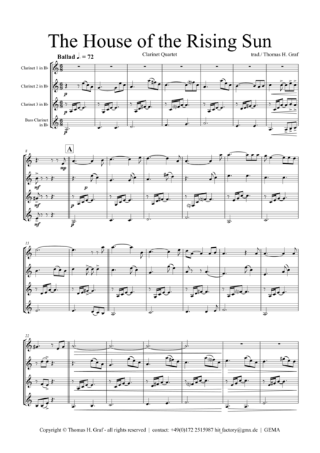 The House Of The Rising Sun Clarinet Quartet Sheet Music