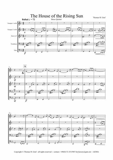 The House Of The Rising Sun Folk Song Brass Quintet Sheet Music