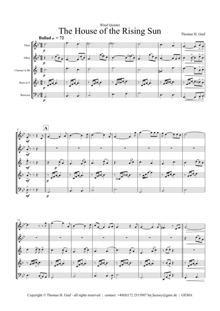 The House Of The Rising Sun Folk Song Wind Quintet Sheet Music