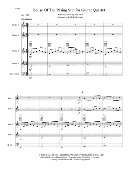 Free Sheet Music The House Of The Rising Sun For Guitar Quartet And Bass Guitar