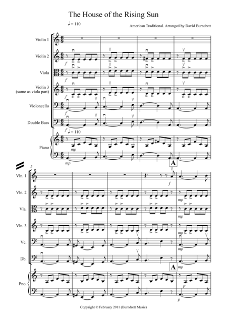 The House Of The Rising Sun For String Orchestra Sheet Music