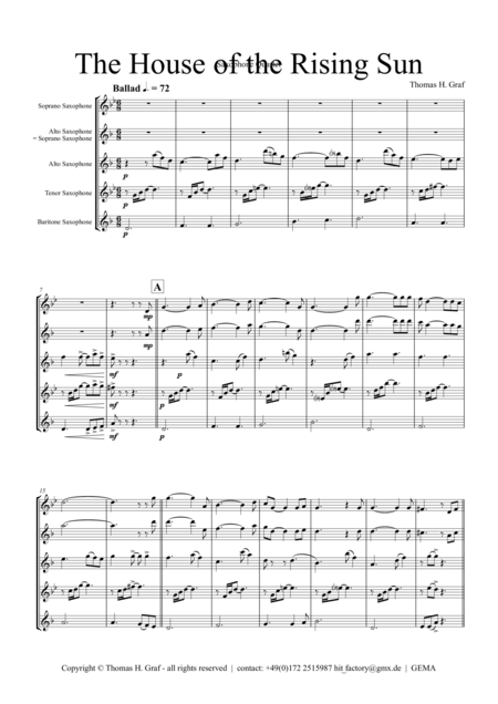 Free Sheet Music The House Of The Rising Sun Saxophone Quartet Satb