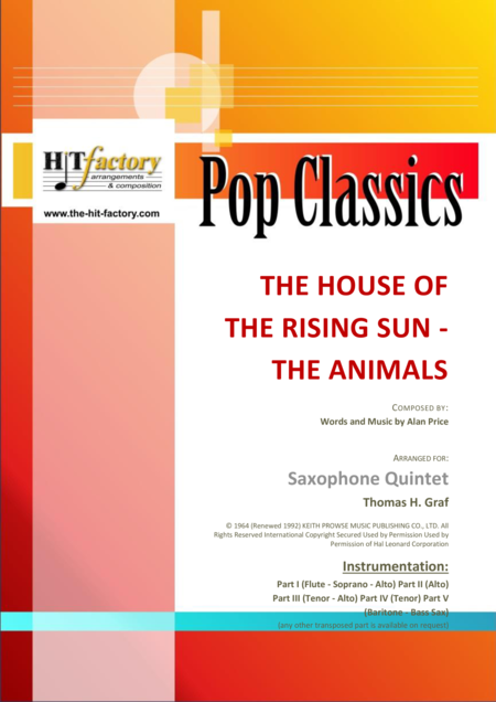 Free Sheet Music The House Of The Rising Sun The Animals 1964 Saxophone Quintet