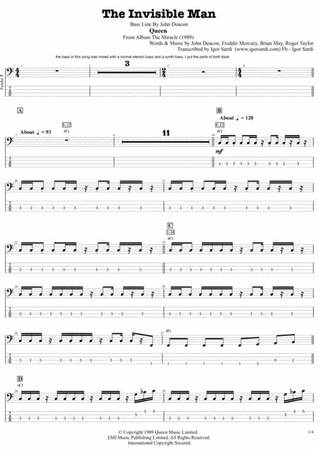 The Invisible Man Queen John Deacon Complete And Accurate Bass Transcription Whit Tab Sheet Music