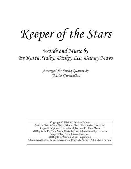 The Keeper Of The Stars Tracy Byrd String Quartet Spiritual Ballad Sheet Music