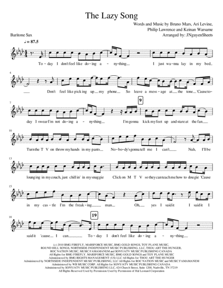 Free Sheet Music The Lazy Song Baritone Sax