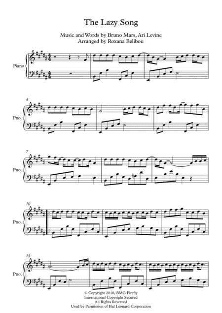 Free Sheet Music The Lazy Song By Bruno Mars Piano