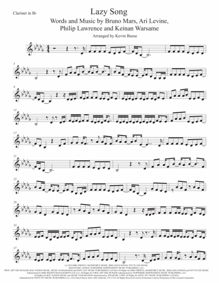 Free Sheet Music The Lazy Song Clarinet Original Key