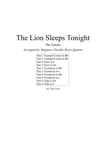 The Lion Sleeps Tonight For Beginner Flexible Brass Quartet Sheet Music