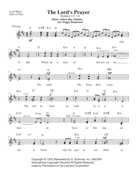 Free Sheet Music The Lords Prayer D