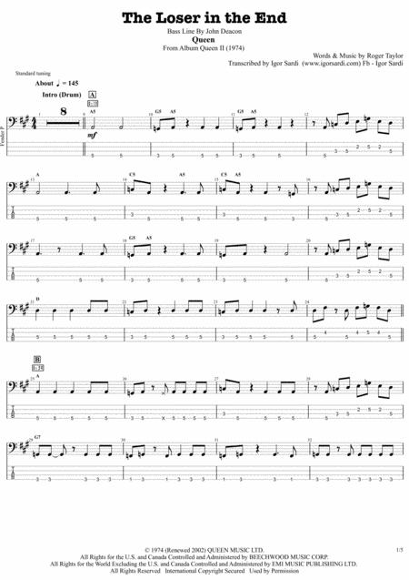 Free Sheet Music The Loser In The End Queen John Deacon Complete And Accurate Bass Transcription Whit Tab