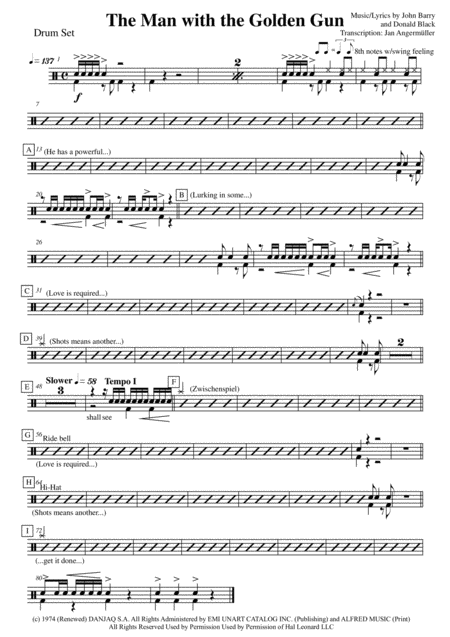 Free Sheet Music The Man With The Golden Gun Drum Set Transcription Of Original Recording For James Bond