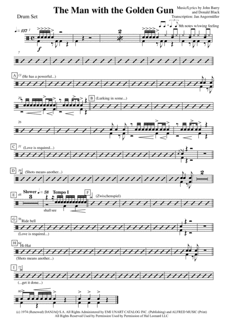 The Man With The Golden Gun Drum Set Transcription Of Original Recording For James Bond Sheet Music