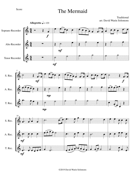 The Mermaid For Recorder Trio Soprano Alto Tenor Sheet Music