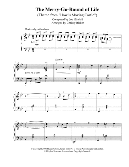 Free Sheet Music The Merry Go Round Of Life Theme From Howls Moving Castle Intermediate Piano