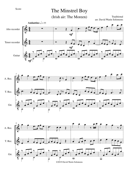 Free Sheet Music The Minstrel Boy The Moreen For Alto Recorder Tenor Recorder And Guitar