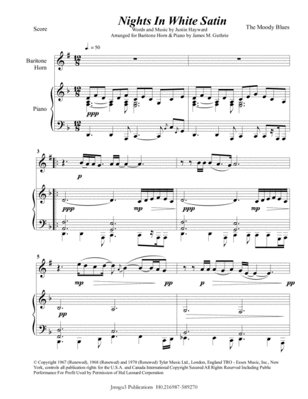 The Moody Blues Nights In White Satin For Baritone Horn Tc Piano Sheet Music