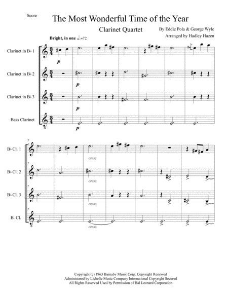 The Most Wonderful Time Of The Year Clarinet Quartet Sheet Music