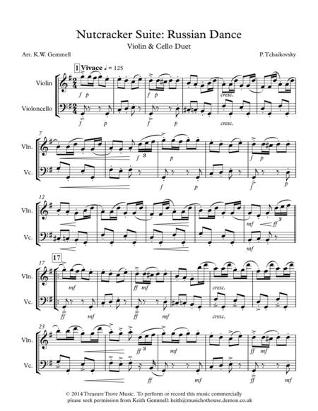 Free Sheet Music The Nutcracker Suite Russian Dance Violin And Cello Duet