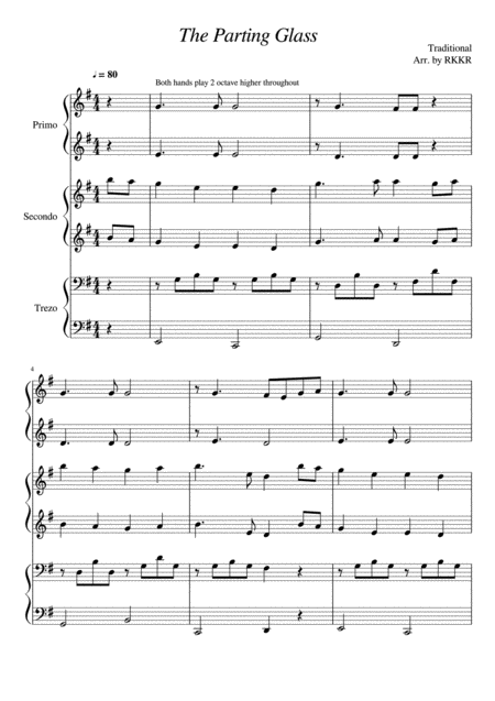 The Parting Glass 6 Hands Piano Sheet Music