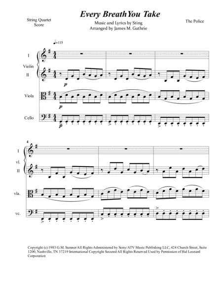 The Police Every Breath You Take For String Quartet Sheet Music