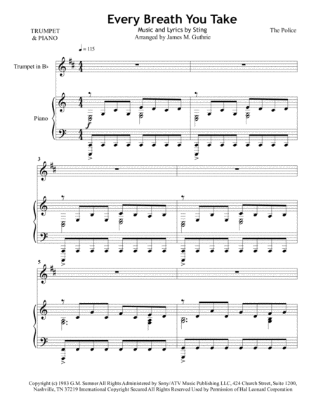 The Police Every Breath You Take For Trumpet Piano Sheet Music