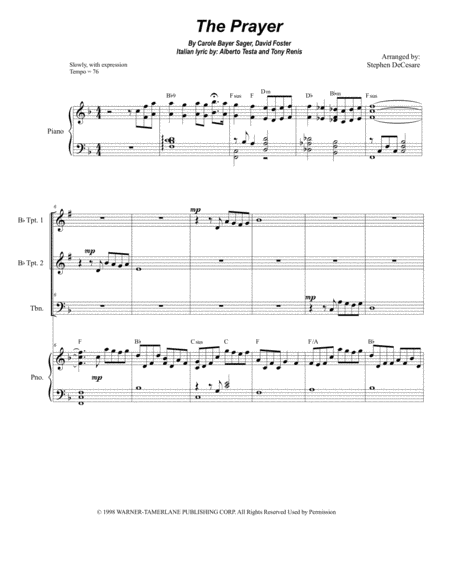 The Prayer For Brass Quartet And Piano Sheet Music