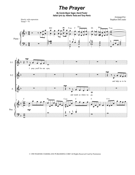 Free Sheet Music The Prayer For Ssa