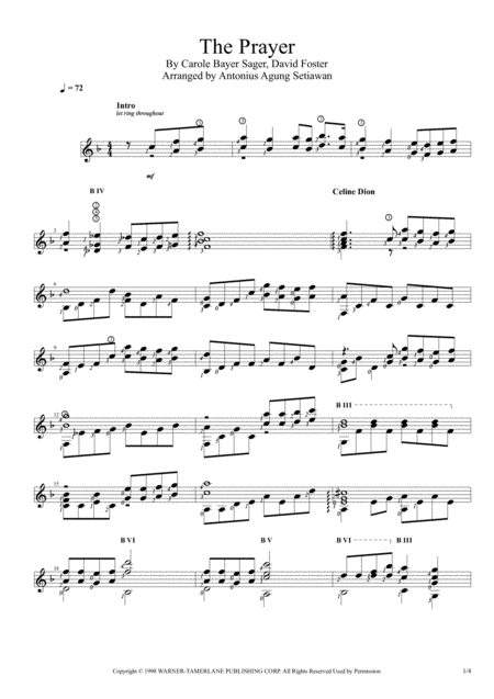 Free Sheet Music The Prayer Solo Guitar Score