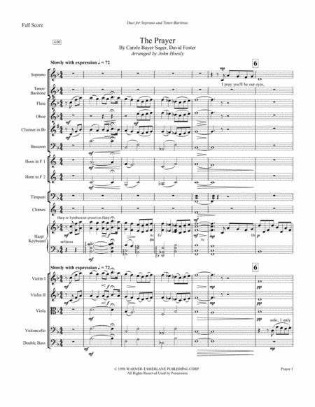 Free Sheet Music The Prayer Soprano Tenor Baritone Duet With Chamber Orchestra