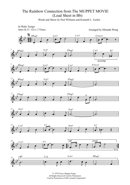 Free Sheet Music The Rainbow Connection Lead Sheet In Bb Tenor Or Soprano Saxophone Solo