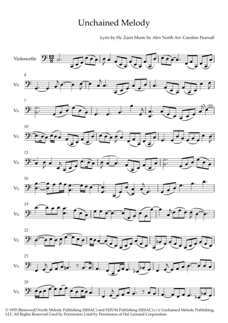 The Righteous Brothers Unchained Melody Solo Cello Sheet Music