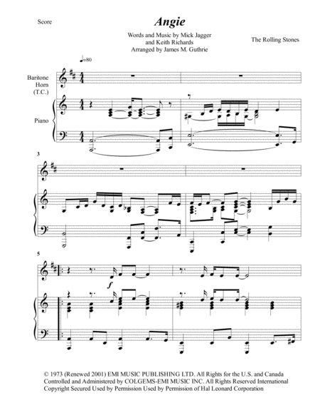 Free Sheet Music The Rolling Stones Angie For Baritone Horn Piano
