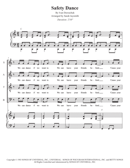 Free Sheet Music The Safety Dance By Men Without Hats Glee Satb With Piano Arranged By Sarah Jaysmith