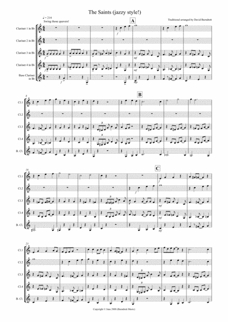 The Saints Jazzy Style For Clarinet Quintet Sheet Music