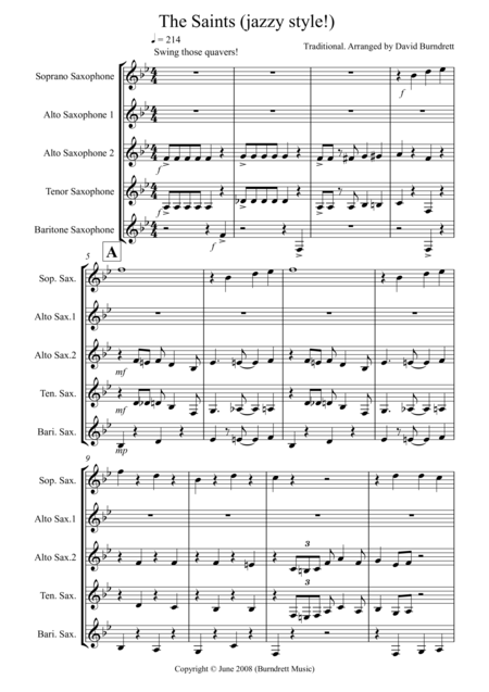 The Saints Jazzy Style For Saxophone Quintet Sheet Music