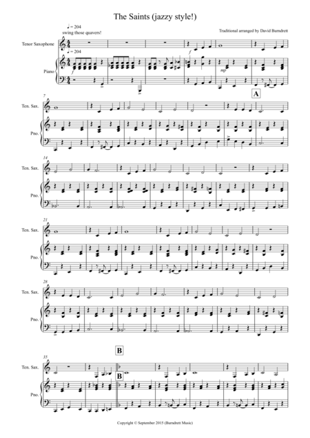 Free Sheet Music The Saints Jazzy Style For Tenor Saxophone And Paino