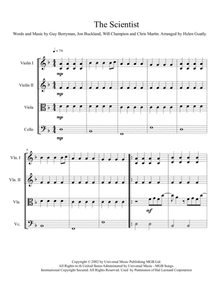 The Scientist By Coldplay Arranged For String Quartet Sheet Music