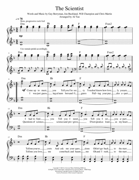 Free Sheet Music The Scientist By Coldplay Piano Version