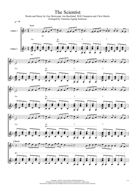 Free Sheet Music The Scientist Duet Guitar Score