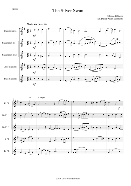 Free Sheet Music The Silver Swan For Clarinet Quintet E Flat 2 B Flats Alto And Bass