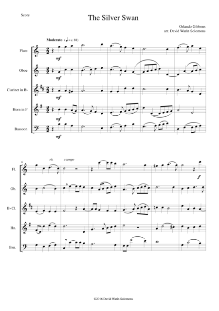 Free Sheet Music The Silver Swan For Wind Quintet
