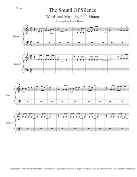 The Sound Of Silence Easy Key Of C Piano Duet Sheet Music