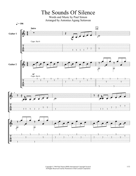 The Sound Of Silence Fingerstyle Guitar Duet Sheet Music