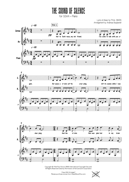Free Sheet Music The Sound Of Silence For Choir Ssaa Piano